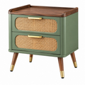 Comodino 60 x 40 x 60 cm in legno verde con rattan - due cassetti stile retrò