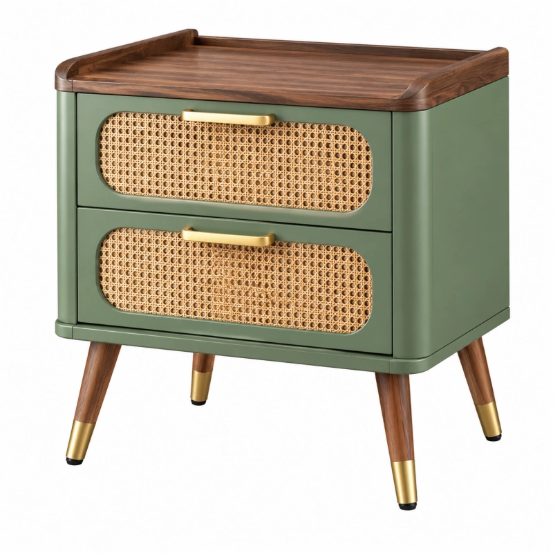 Comodino 60 x 40 x 60 cm in legno verde con rattan - due cassetti stile retrò