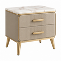 Comodino 60 x 45 x 60 cm beige e oro con piano effetto marmo e 2 cassetti