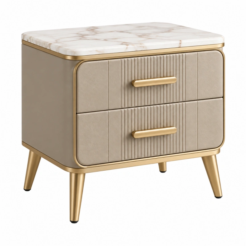 Comodino 60 x 45 x 60 cm beige e oro con piano effetto marmo e 2 cassetti