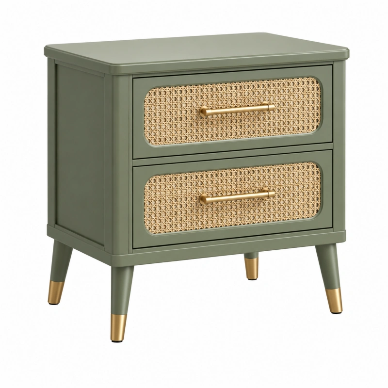 Comodino 50 x 40 x 55 cm in legno verde con cassetti in rattan stile retrò