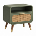 Comodino 50 x 40 x 55 cm in legno verde oliva con anta in rattan - stile retrò con vano aperto