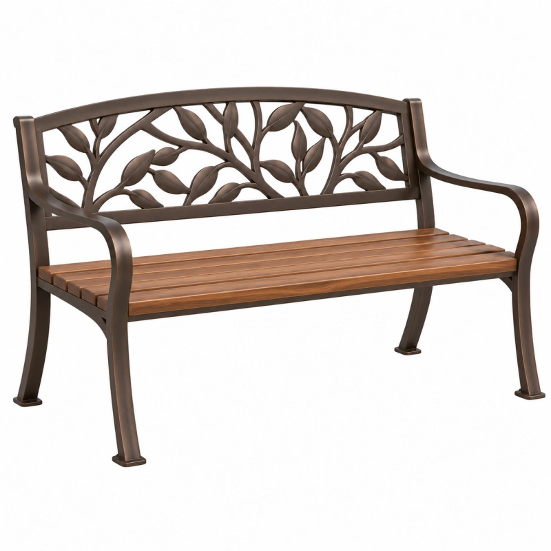 Panca da giardino 125 x 60 x 90 cm in metallo e legno marrone con schienale a foglie