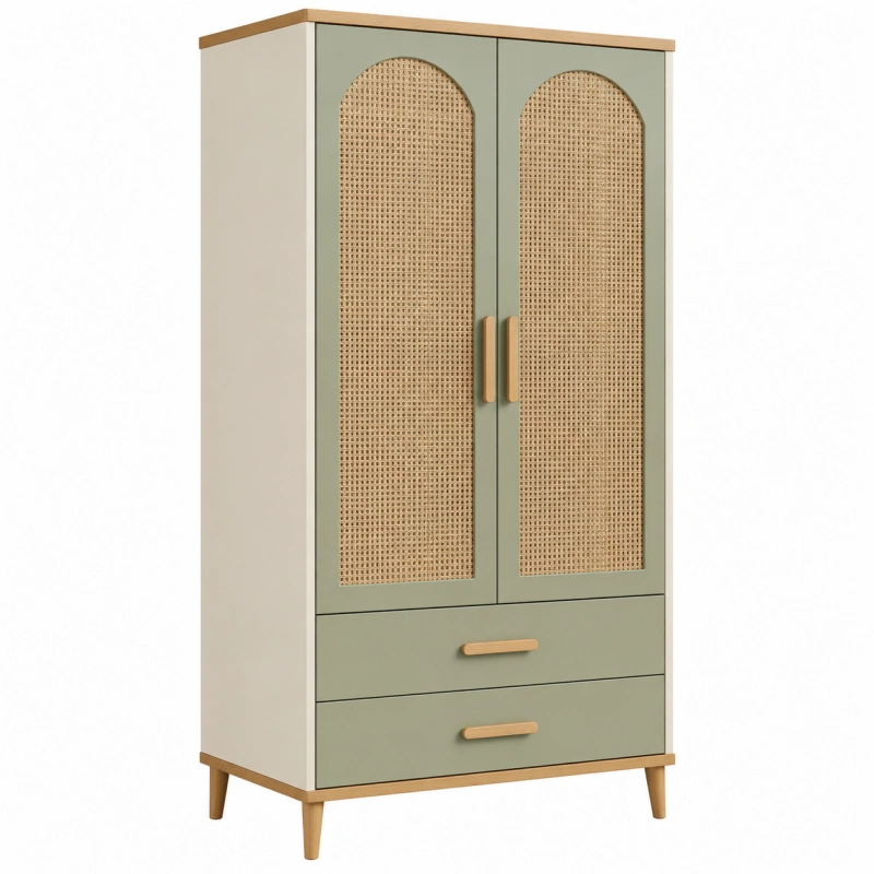 Armadio 80 x 40 x 160 cm in legno verde con ante in rattan - contenitore stile naturale