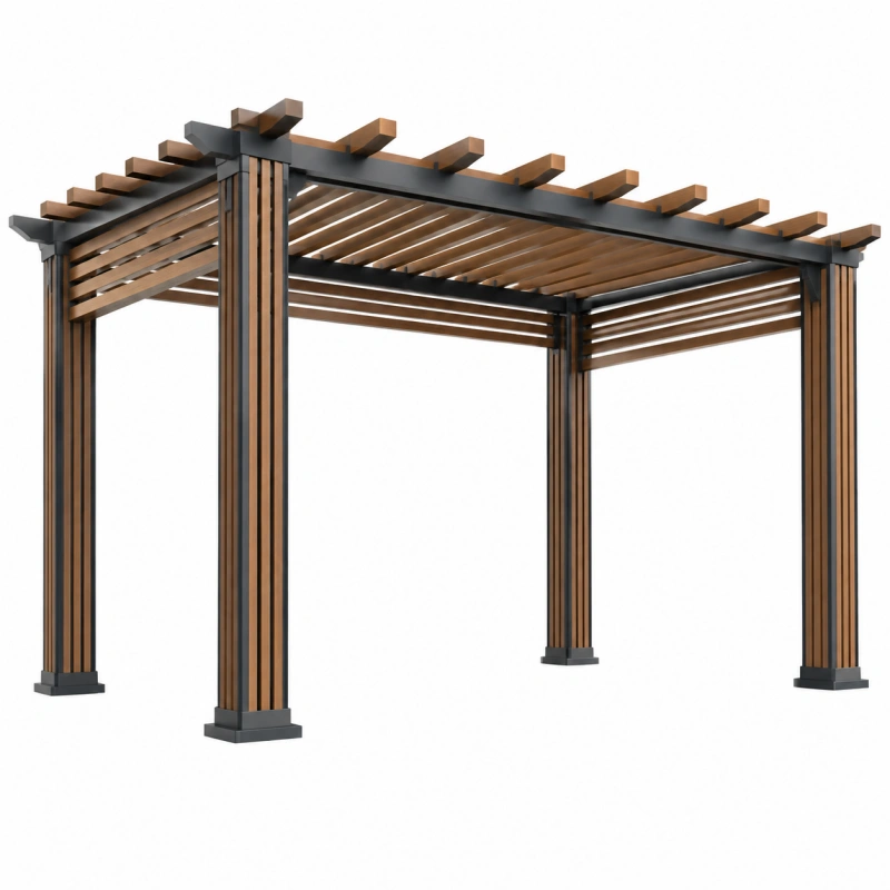Pergola da giardino 300 x 300 x 230 cm in alluminio e legno marrone nero con tetto a listelli