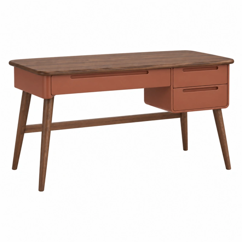 Scrivania 120 x 60 cm in legno marrone e terracotta con 3 cassetti stile retrò