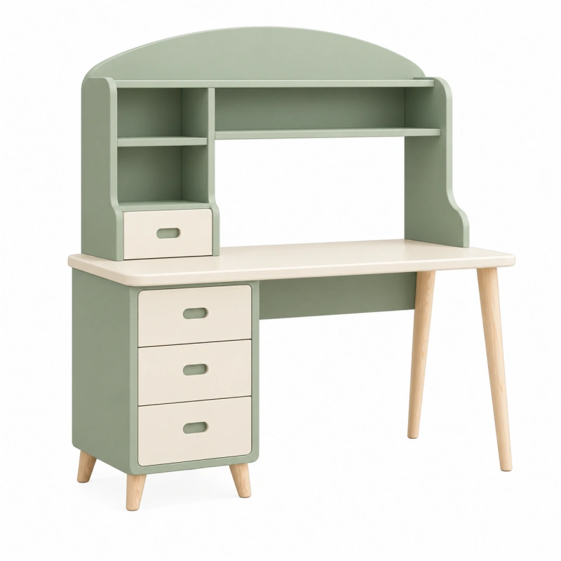 Scrivania per bambini 100 x 50 x 130 cm in legno verde salvia e bianco con cassetti e mensole