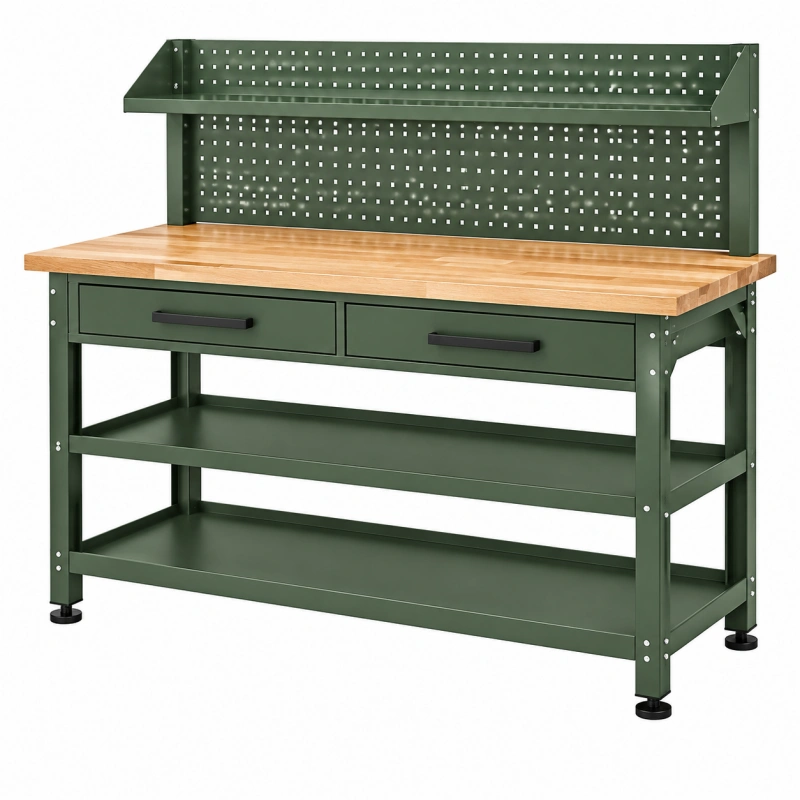 Banco da lavoro 120 x 60 x 150 cm in acciaio verde con piano in legno - officina con cassetti e pannello portautensili