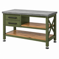 Banco da lavoro 120 x 60 x 90 cm in acciaio verde con ripiani effetto legno e piano grigio - industriale con 2 cassetti