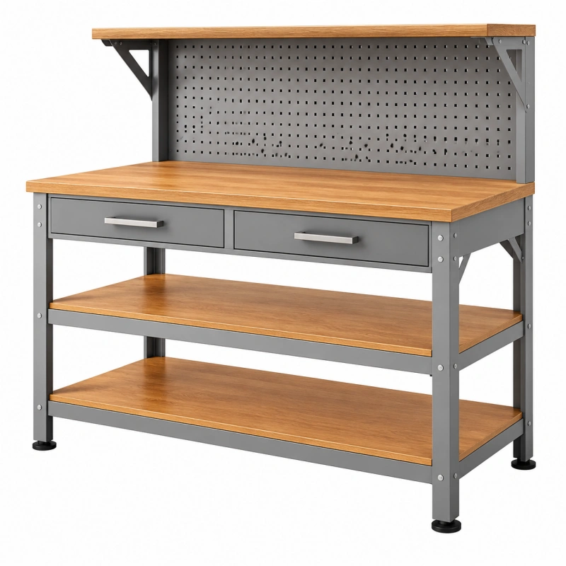 Banco da lavoro 120 x 60 x 155 cm in metallo e legno marrone/grigio con pannello forato e cassetti