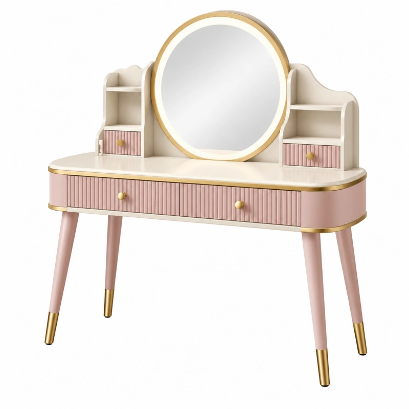 Toeletta 100 x 45 x 140 cm in legno rosa e bianco con specchio e cassetti