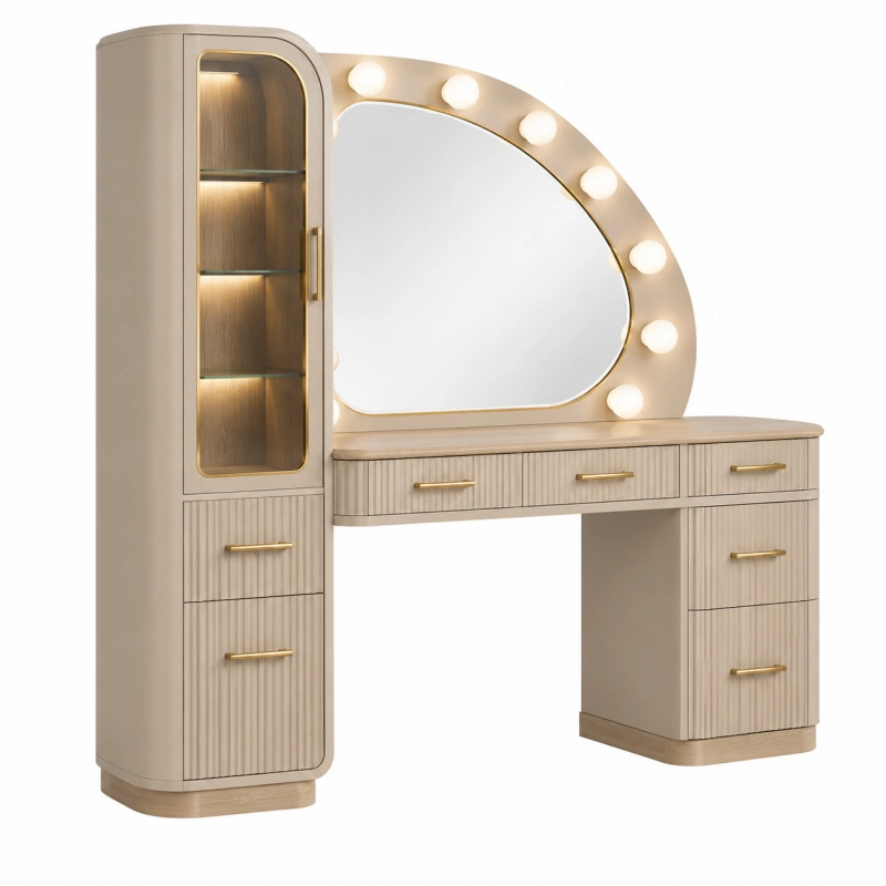 Toeletta con specchio 150 x 45 x 150 cm in legno beige con illuminazione e contenitore