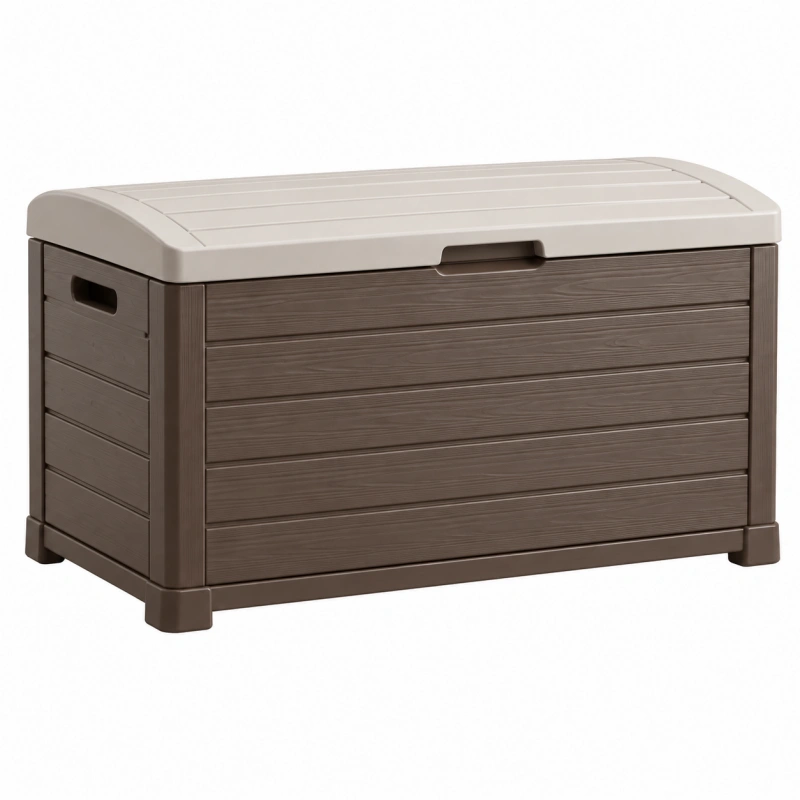 Cassapanca da esterno 120 x 56 x 63 cm in plastica marrone e tortora effetto legno con coperchio