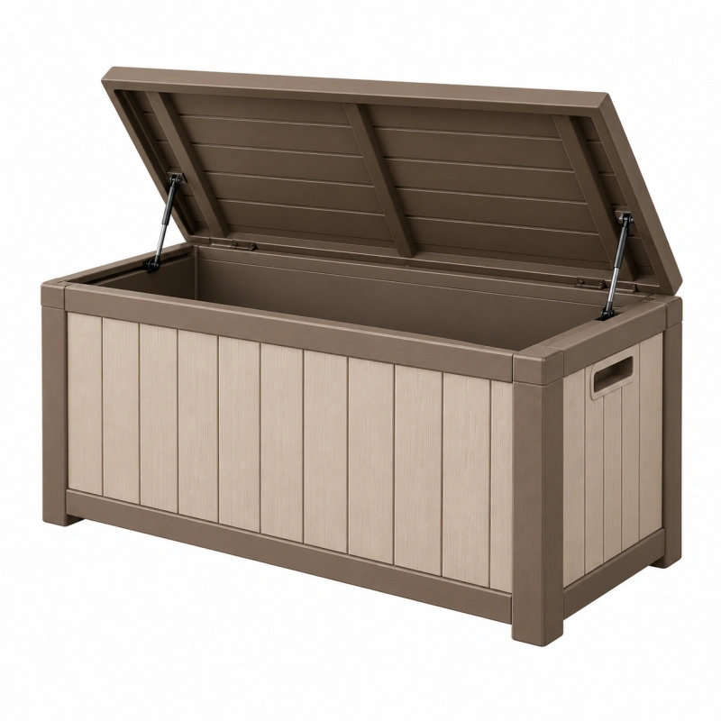 Cassapanca contenitore da esterno 132 x 72 x 74 cm in resina tortora e beige con coperchio sollevabile