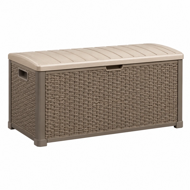 Cassapanca contenitore da esterno 120 x 56 x 63 cm in plastica tortora effetto rattan con coperchio