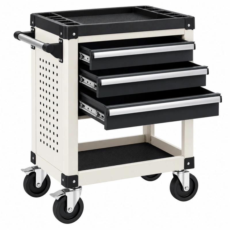 Carrello portautensili 80 x 45 x 95 cm in acciaio nero bianco con 3 cassetti e ruote