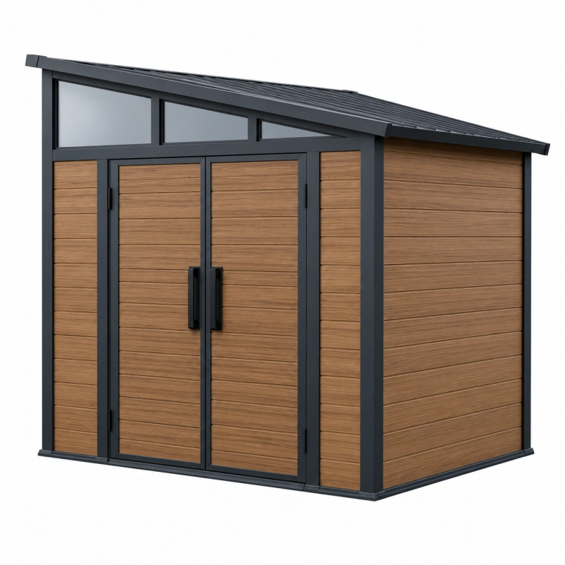 Casetta da giardino 200 x 120 x 180 cm in materiale sintetico marrone e nero con tetto inclinato