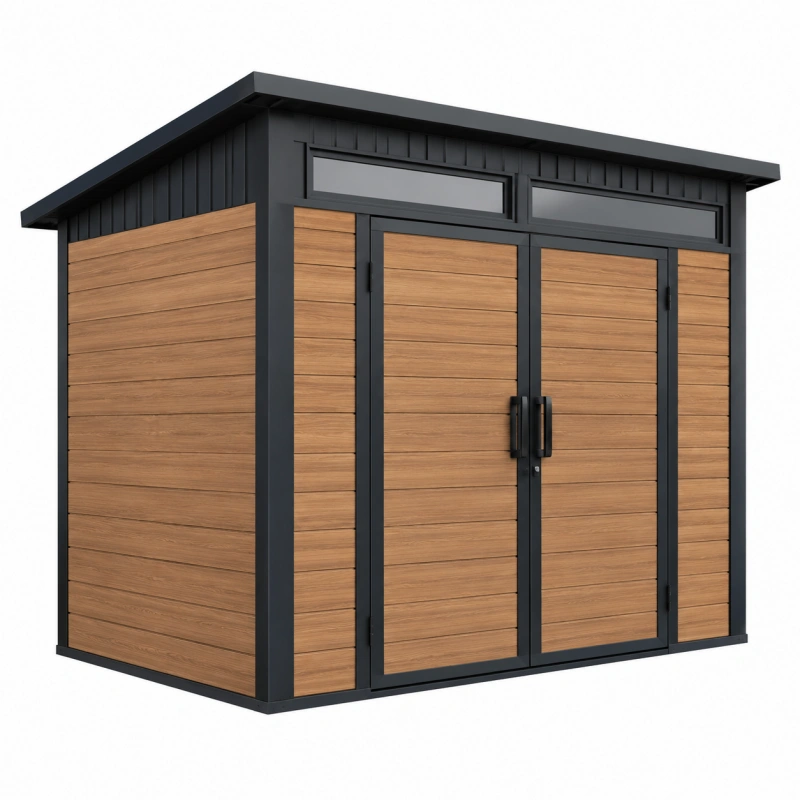 Casetta da giardino 240 x 180 x 220 cm effetto legno marrone con struttura nera e doppia porta