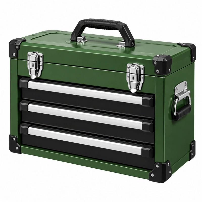 Cassetta portautensili 50 x 25 x 35 cm in acciaio verde con 3 cassetti portatile