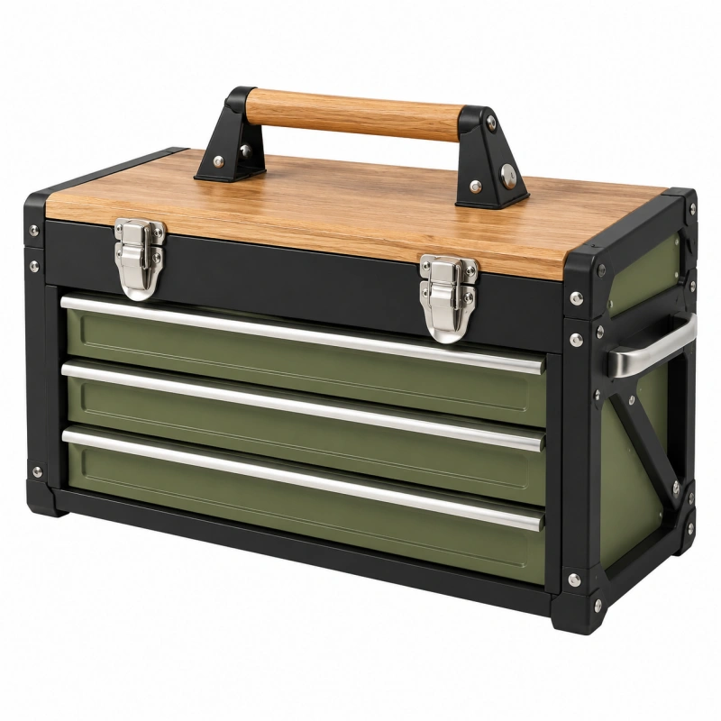 Cassettiera portautensili 60 x 30 x 35 cm in acciaio verde e nero con piano in legno e 3 cassetti
